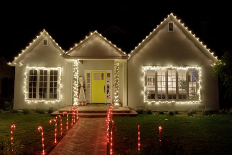 front house with Christmas lights